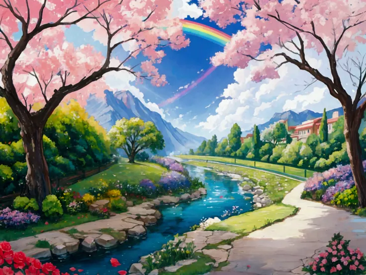 Fantastic - Painting Style Waterfall Soft  painting style  Brightly colored Bright light a wonderful heavenly garden, rainbow reflected on a splendid river valley of eden sea a wonderful valley,Asahi, river, Rose,Clear water, Beautiful atmosphere, dream , ...