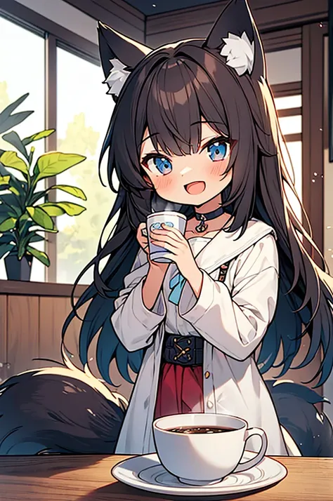 1 chibi boy,(((chibi art style))), girlish-boy,wolf ears, wolf tail,black hair,long hair, choker, fur school uniform, fur skirt, open mouth smile, cup of hot coffee in hand, 
masterpiece,best quality,ultra detailed, hyper small and clean characters in hype...