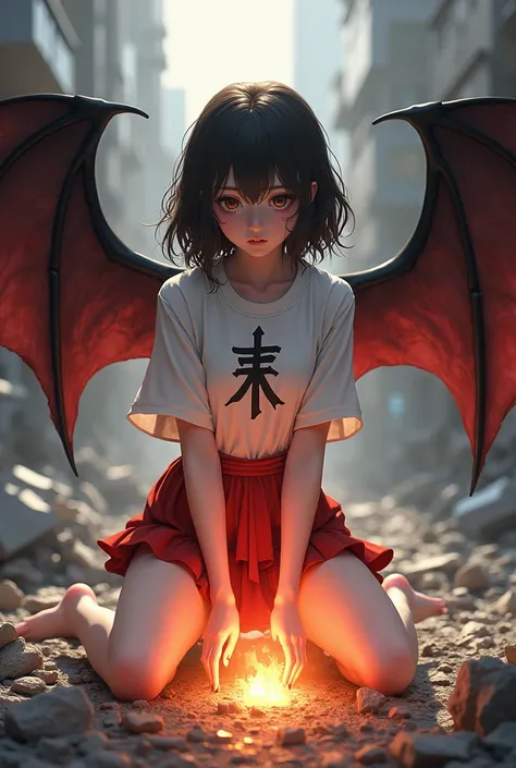  a wavy haired girl with no bangs ;  dressed in a white blouse with a coat of arms of two black swords on her chest; short red skirt; barefoot;  kneeling on the floor with her hands holding the flames ; looking up with tears in her eyes ;  in a setting of ...