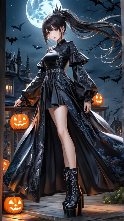 a Korean woman.
 black hair, Foot-length , fluttering,  2 ponytail .
 Dragon style eyes , bioluminescentes.
 Rocker-style dress , with gothic print .
 Silver accessories .
 long thin legs .
 Medium and pointy breasts ,  extremely detailed . 
 platform styl...