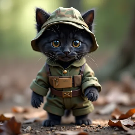 A young, black kitten wearing a camouflage military-style uniform and a matching camouflage hat,  with a small, tan name tag visible on its chest. The kitten is looking directly at the camera with curious, wide eyes.  Its body posture is alert, its paws ar...