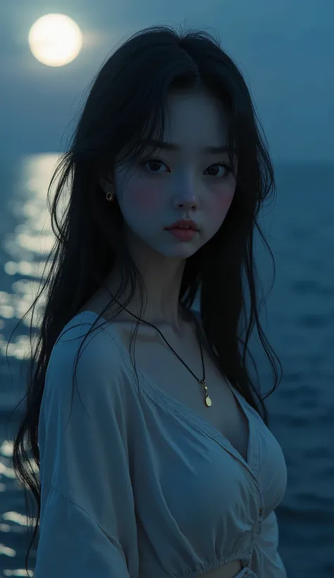 Best Quality,4K,8k,High resolution,masterpiece:1.2,Very detailed,A tired girl,length, Flowing black hair,Delicate features,thinking eyes,White skin,Happy expression,Great atmosphere、Wearing a shirt、Romantic atmosphere、Moonlit night and sea in the backgroun...