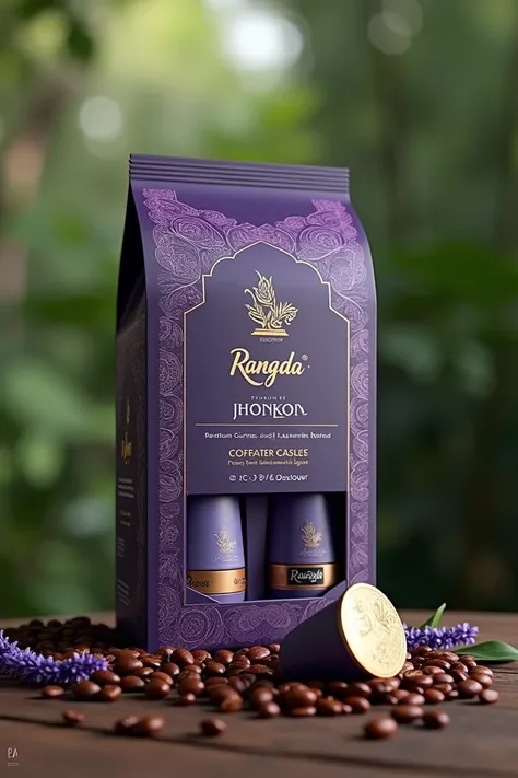 Rangda brand coffee packaging with coffee and a blend of kecut and lavender extract infusion, The packaging must also include coffee capsules for the coffee maker. 