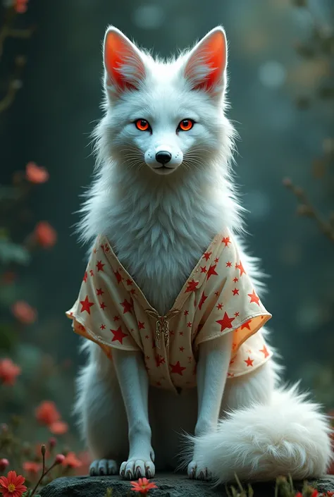 An albino fox wearing a star red blouse