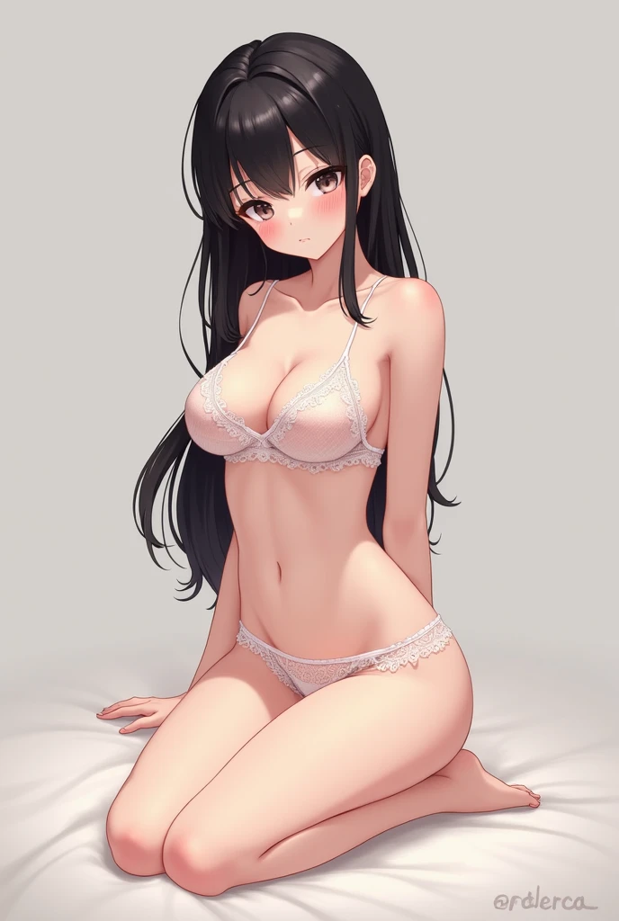 anime girl with small breasts ,  black hair,  kneeling lace underwear 