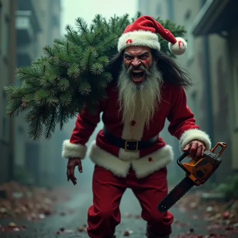 An angry man dressed as Santa Claus without a beard carries a Christmas tree on his shoulder, (((man is crazy
))),  A man has long dark hair , and Santas costume is covered in blood , a Christmas tree on the shoulder in one hand and a chainsaw in the other...