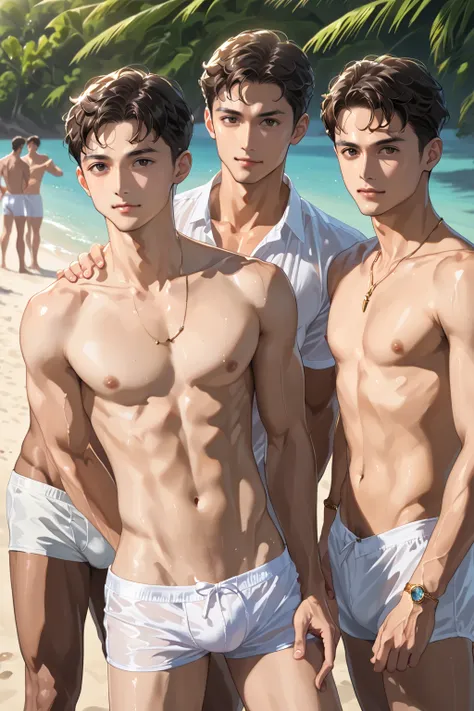 a couple 1guy wearing white Speedos along the waters edge at the beach, the lighting is soft and the shadows are very nice, with a focus on both the guy and the girl in the center of the picture. Portrait view, 3/4 body length