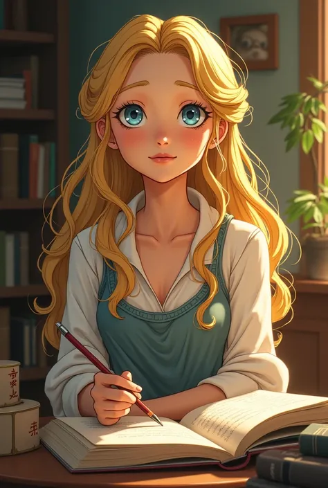 Sexy Blonde curly haired girl, with blue eyes designed in a ghibly animation style not realistic, who is translator