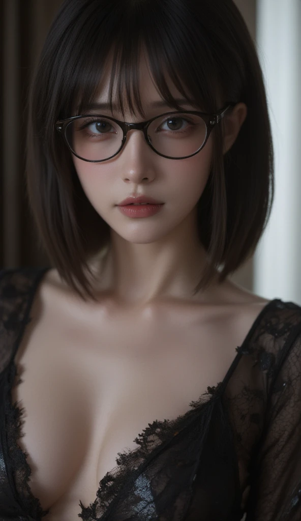 In this absurdly high-resolution image, a woman with a beautiful, perfect face and highly detailed eyes is captured. Her facial features are delicate, and her skin is shiny and oily. She has a bob cut with black hair, air bangs, and sidelocks. Her lips are...