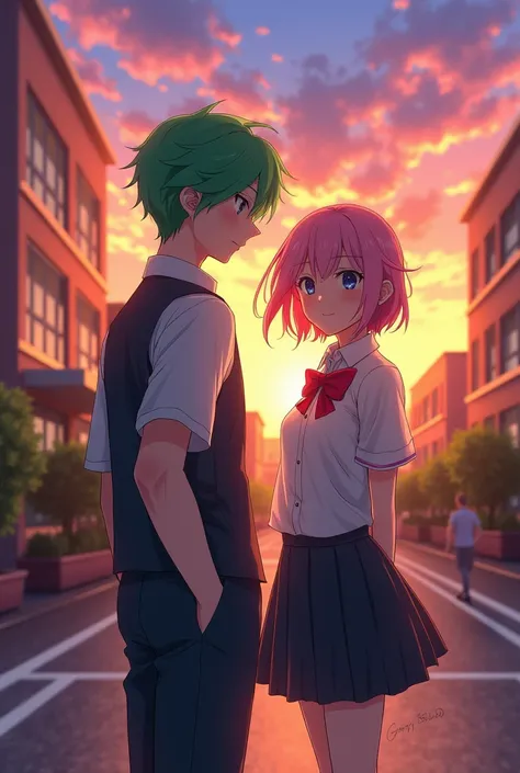 A mature bright green-haired high school boy wearing a sunset in the school and a mature pink-haired girl wearing light pink hair