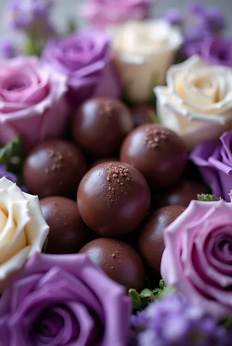 Chocolate balls on a bunch of purple and white roses