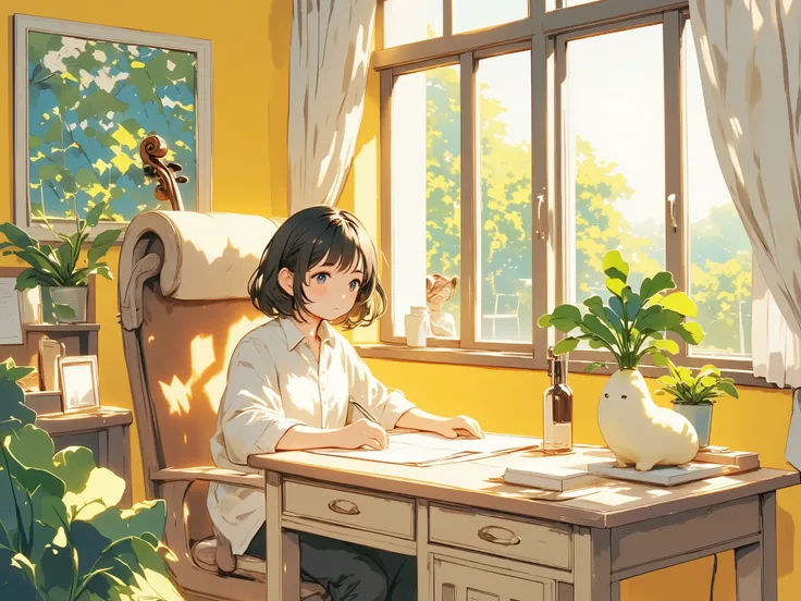 A living Daikon radish with a pretty face listens to the violas tones, Anthropomorphic Daikon radish illustration, One Thursday afternoon, Beautiful sunlight shining through the trees in the garden, white radish, A girl peeks into the room through the wind...