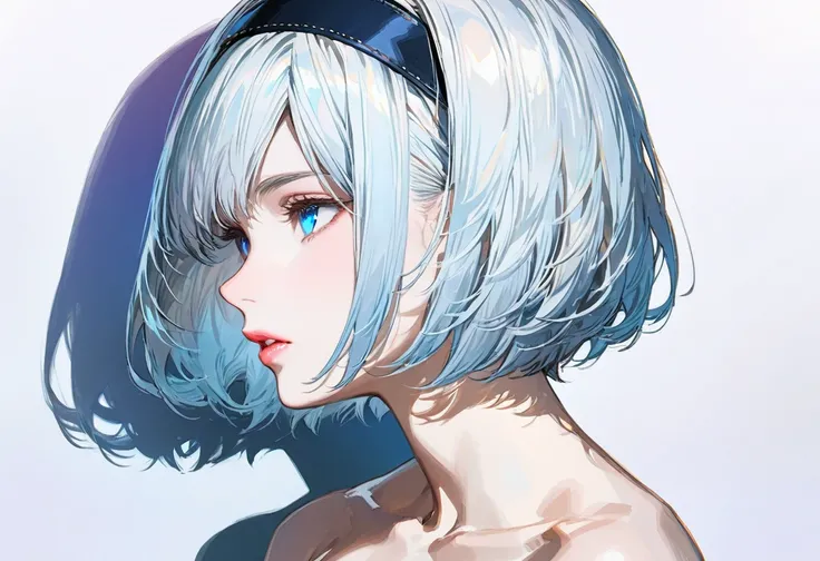 {(masterpiece,best quality, 16K portrait, UHD, extremely detailed the work, detailed beautiful face and eyes and skin and hair)} BREAK {1 adult-woman,(2B of Nier-Automa:1.2), (pale-off-white colored hair:1.4, short cut hair),(very small Almond-shaped eyes:...