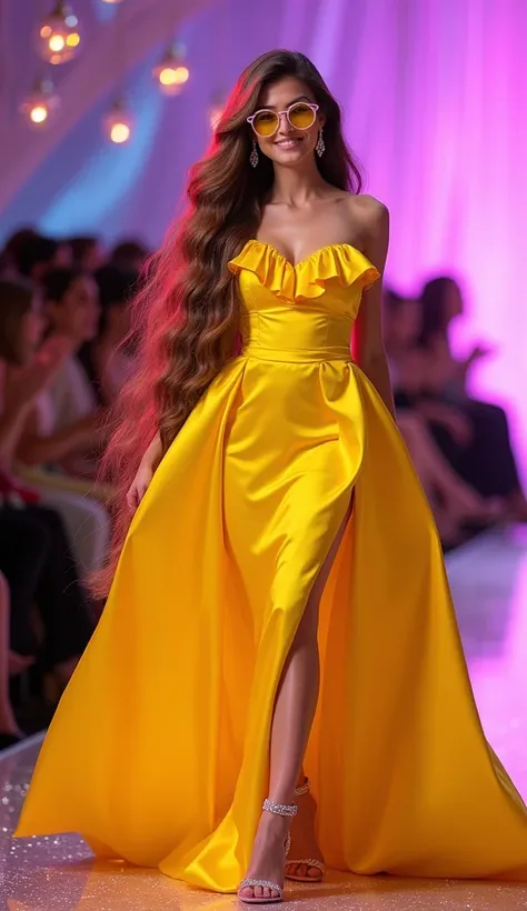 Portrait of a woman with extremely long, thick, silky long hair, a glamorous Barbie-themed fashion show, her face glowing with a bright, charming smile. She is dressed in a stunning vibrant long yellow  dress high gown The gown features an elegant asymmetr...