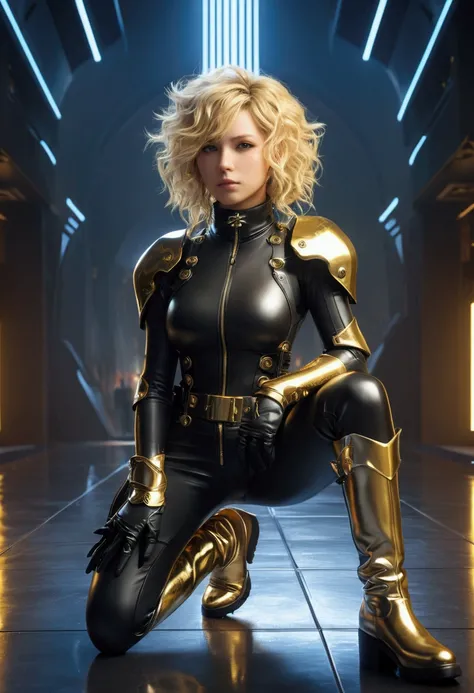 ((best quality)), ((masterpiece)), (detailed), final fantasy xvi style, A beautiful blonde girl with curly hair, wearing a tight black combat suit, and wearing high-necked gold boots