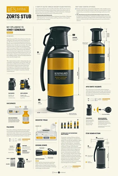 Infographic of a stun grenade with technical characteristics, yellow stripes and sound simulation