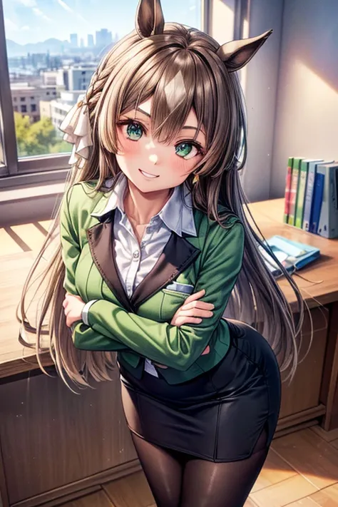 satono diamond \(Uma Musume\),  taking pictures  , cute girl, (( One Girl )), ((baby face:1.4)), ((cute:1.4)), 
break 

(( business suit)) : ((green suit jacket :1.3)) + ((White dress shirt)) + (( green pencil skirt:1.2)) + ((low denier sheer black pantyhose)), ( shiny black high heels), 
((Star-shaped gold earrings )), 
break 

#(( Silver Hair:1.2)), ((blunt bangs:1.4)), (( ponytail) : ( wavy hair ) + (Curly hair) + ( voluminous hair) + (Tie it up with a red string ribbon)), 
#(puppet:1.4), ( blue eyes), 
(( small breasts)), 
break 

((noon:1.2 + (( office:1.2)) + Window +  blue sky)), 
((blush:1.2)、( evil smile:1.4)、 raise eyebrows 、 closed mouth), 
((arched back), (crossed arms:1.2), ( stand with your feet shoulder-width apart)), 
(( angle from below )), (( character focus )), (( cowboy shot )), 
break 

( slim figure), (Symmetrical face), 
(Beautiful Hair), ( shiny hair on both arms), 
( double eyelids in judo uniforms), ( long eyelashes), (( thin eyebrows)), 
( sparkling eyes ), ( detailed eyes on board), ( beautiful eyes), ( perfect eyes), (Shining Eyes),  
((Human Ear)), 
(Beautiful Nose), (Thin Nose), 
( glossy lips ), ( beautiful lips), (Thick lips), 
( detailed skin), ( fine skin), ( beautiful skin), ( oily skin ),  
break 

((( top quality)), ((masterpiece:1.3)), (( very detailed))), (( super high resolution )), ((16k)), ((1080P)), ((Full HD)), 
