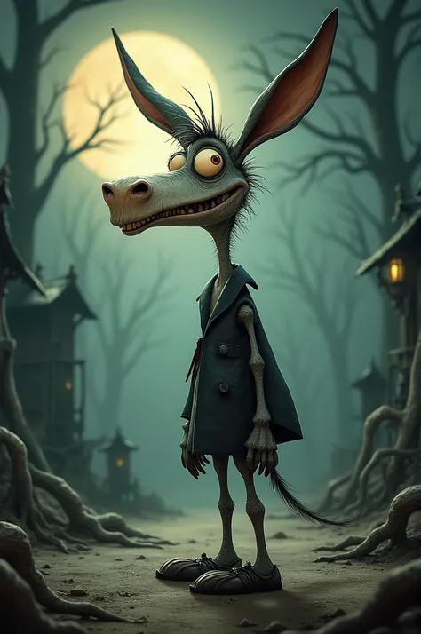 Illustrate a donkey in a simple way in the style of Tim Burton