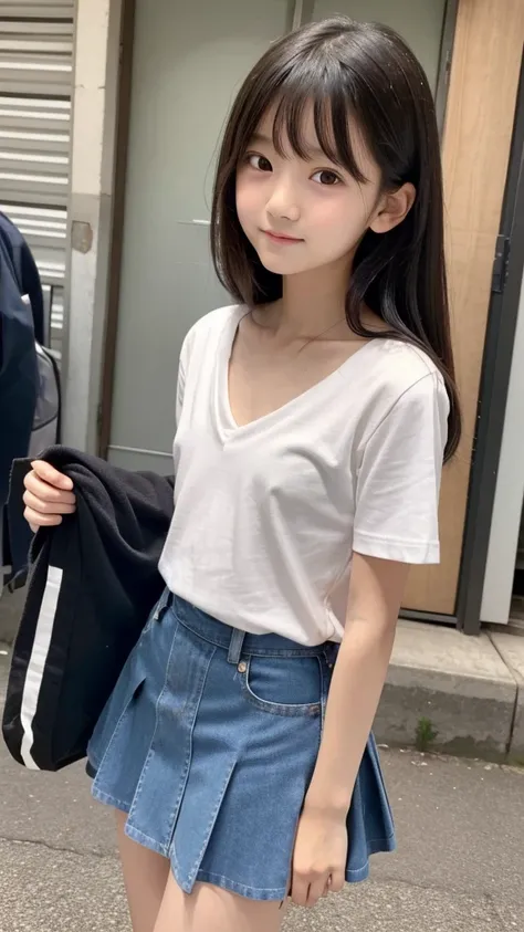 (((NSFW))), Japanese,  1 girl,(((Junior high school students))),((Short stature)),((An angle that captures the whole body)), lean forward,(((skinny))),(((V-neck))),(((munechira))),((Long T-shirt)),Outdoor, black hair,(( no makeup)),((Young face)),(( baby f...