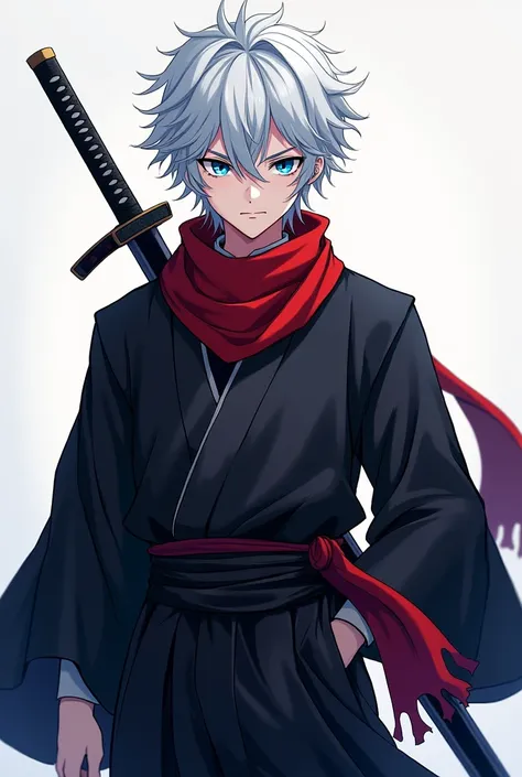 Appearance 1m65 tall anime boy with white haired female face with blue dragon eyes wearing black haori wearing red scarf to katana sword on back