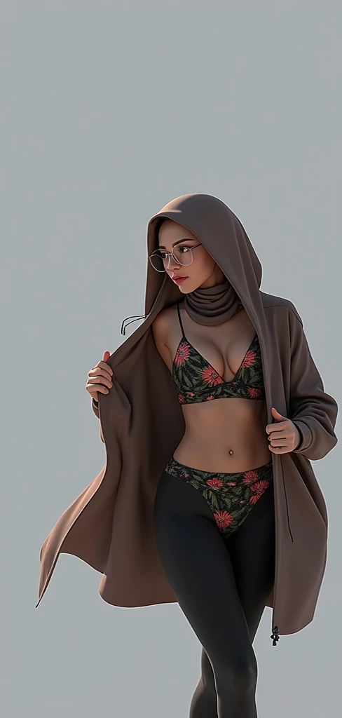 (Iu:0.8),cleavage , RAW,  best quality ,  high resolution , masterpiece: 1.3,  Beautiful glasses  (((Hijabi)))  Malaysian girl wearing a hoodie and unbuttoning ,  sees a floral bra and high waist g string panties at thigh level, masterpiece,  soft smile . ...