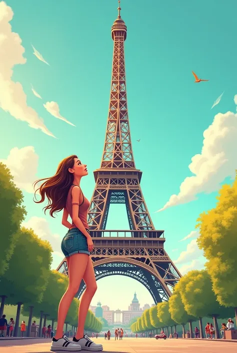 Cartoon woman wearing shorts in the Eifel Tower