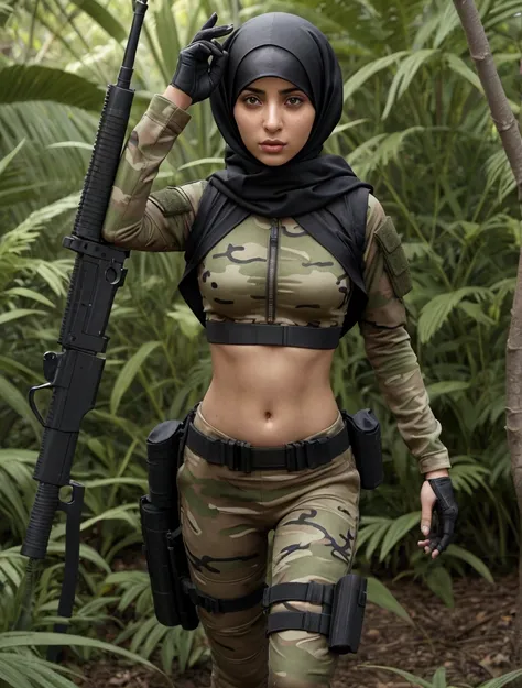 24 year old women, arab girl,  young spy, Military Girl, beautiful female spy, solo female character, Future combat equipment,  Woman wearing camouflage cropped Secret Agent Tight Suit, Show navel, Wear tactical equipment, revealing midriff, expose belly, ...