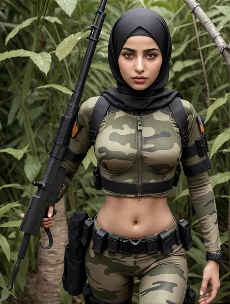 24 year old women, arab girl,  young spy, Military Girl, beautiful female spy, solo female character, Future combat equipment,  Woman wearing camouflage cropped Secret Agent Tight Suit, Show navel, Wear tactical equipment, revealing midriff, expose belly, ...