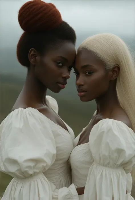 un portrait détaillé de deux belles jeunes filles à la peau foncée, tres noire comme Ajak Deng, coiffure en chignon, girls hugging each other from above view, a girl whispering into a girls, ear from behind, southern, redhead and blonde hair, sharp facial ...