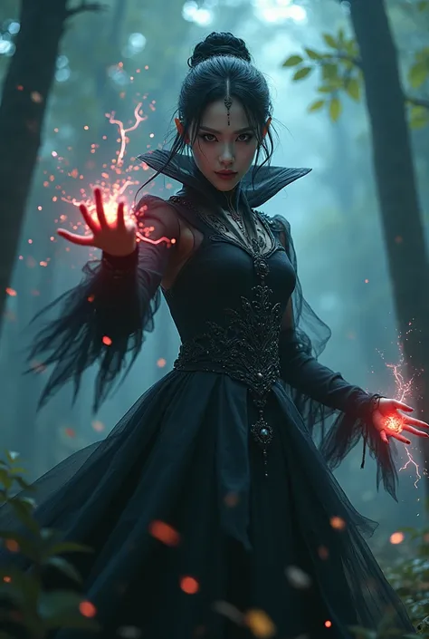   Black Korean Fairy  ,  bright , Eneboada ,  with Lightning , Smoking, firework,   Photos Realistic UHD  ,   Real Angry Psychopath 、Wearing a dark costume、 has complicated gothic makeup ,   doing dark magic in the woods  ,  whole body,    intricate detail...