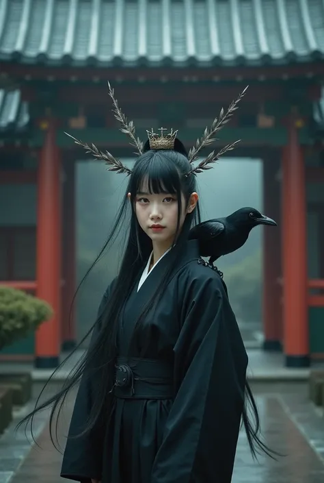 （front、 from before）frontから、blunt bangs、 movie scene 、 Imprint Image、8k、torii、Korean girl with crow feathers growing from her back、Im looking here、  with long black hair tied high .  white skin.  wearing a black hakama and clogs . Shrine in the background ...