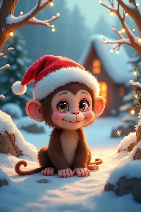 Baby monkey with Christmas landscape and Santa Claus hat 