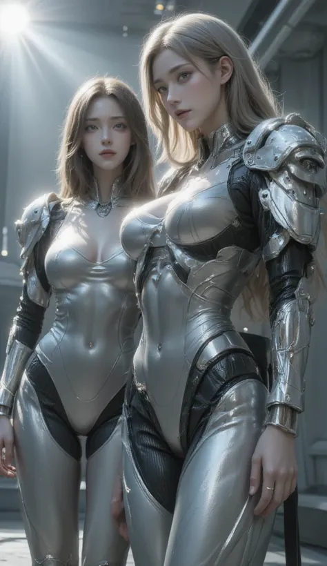 In this captivating scene, two women are portrayed: a beautiful woman and a stunning female cyborg. The woman boasts a slender waist, thick thighs, and ample breasts, her curvaceous figure accentuated by the tight fit of her silver latex jumpsuit. The jump...