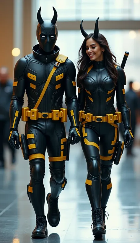 two persons.  a male and a female. they wear a black Deadpool Demon costume with yellow futuristic armor. They wear Deadpool masks  .  They wear Deadpool accessories .  were walking hand in hand .  They smile happily while walking while looking towards the...