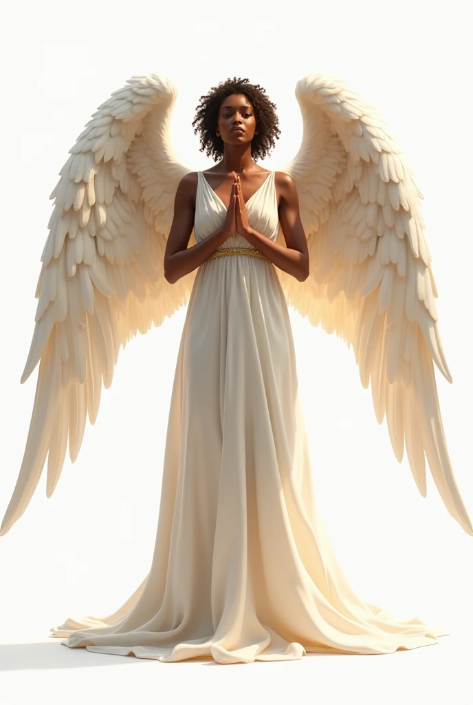 Angel with a dark complexion , With long wings to the feet with the hands folded with an expression of hope and joy white dress with gold white background