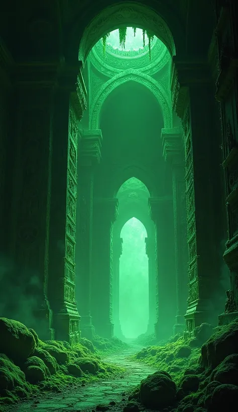 "A tomb interior covered in glowing green mold and spores. Shadowy figures and fiery flashes appear faintly in the background, hinting at unexplained events