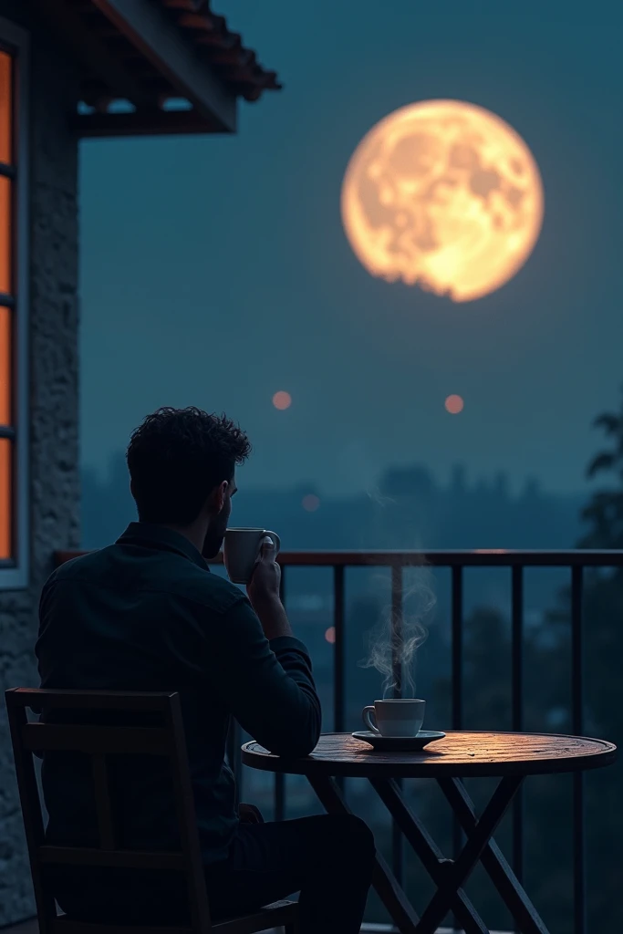 A man sitting on a balcony with his back 
In front of the table and on the table a hot cup of coffee against the background of the full moon that appears to be close