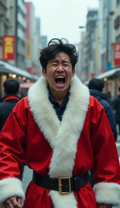 A modern young man, about 18 years old, shouting while shedding tears, is wearing a Japanese Santa Claus costume There is a sense of realism that modern young people are walking in the cityscape
Photo-style images