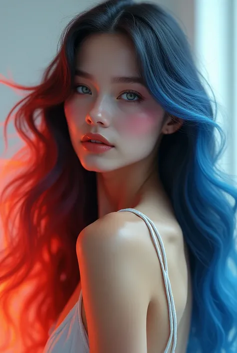 Girls long hair multicolored red blue large breast ultra details coloredstrands