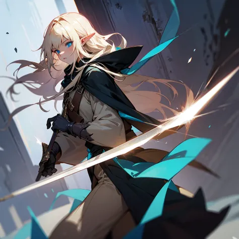 One tall big elf ,  Dressed in heavy, dilapidated armor,  Red dilapidated cloak , dungeon in the background, Melancholic face, TWO-HANDED SWORD IN HANDS, long tousled blond hair, bright blue eyes