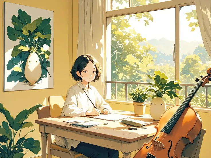 A living Daikon radish with a pretty face listens to the violas tones, Anthropomorphic Daikon radish illustration, One Thursday afternoon, Beautiful sunlight shining through the trees in the garden, white radish, A girl peeks into the room through the wind...