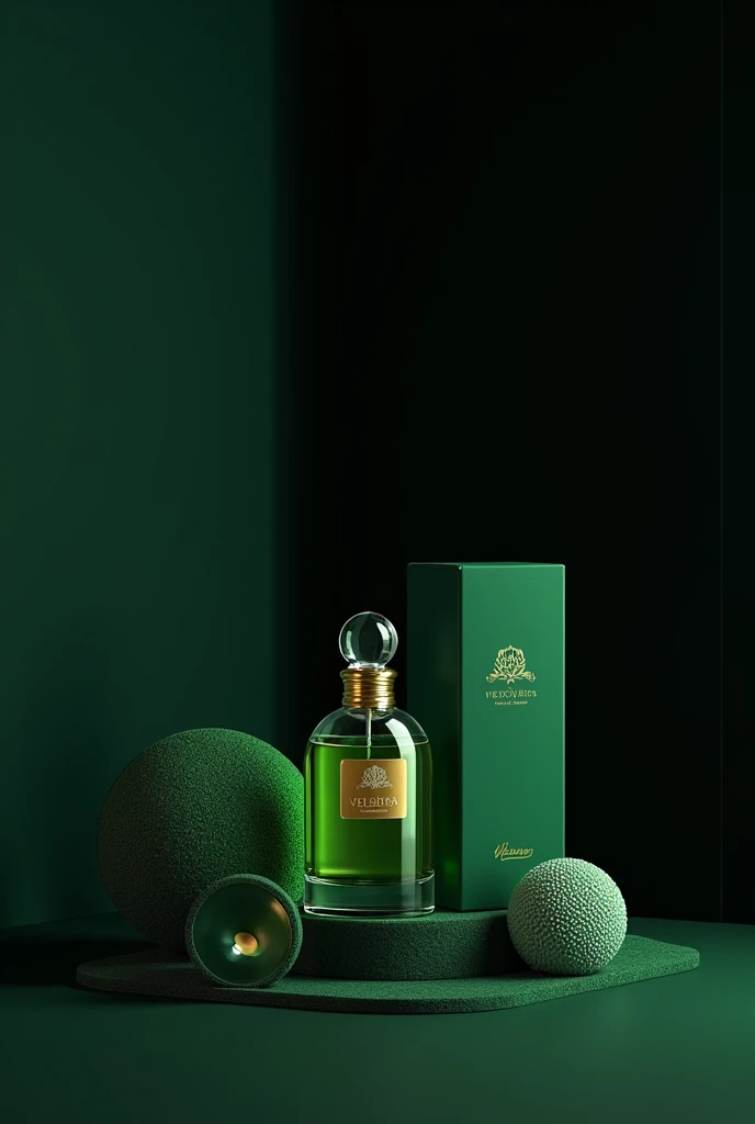 ((Elegant and luxurious feel, black background)), a bottle of perfume filled with green, and next to it there is a green ornament, a box-shaped bottle,with brand Veloura