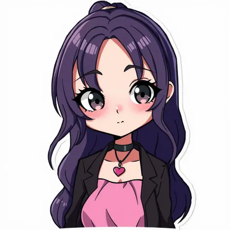 face of Chibi anime style cartoon stickers Girl with dark hair with shades of purple, wavy and reaches the shoulders and on the shoulder he wears a pink topknot She wears a black necklace with a heart like I said Gray eyes with black touches Thin lips and ...