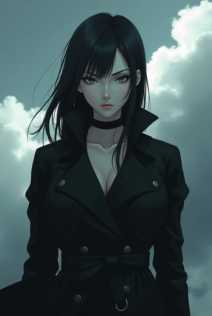 Tall anime woman ,  pale skin , jet black hair, serious face, black trench coat,  is in a cloudy environment, Killer look