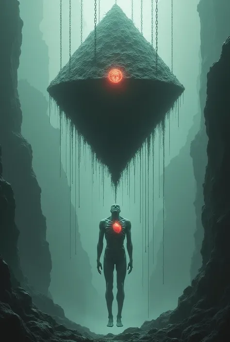  a diamond-shaped dungeon hanging above the ground held by chains from under the ground.  It collapses and a transparent figure falls from it. The figure can only see the nervous system and heart, and instead of a face, a hole 