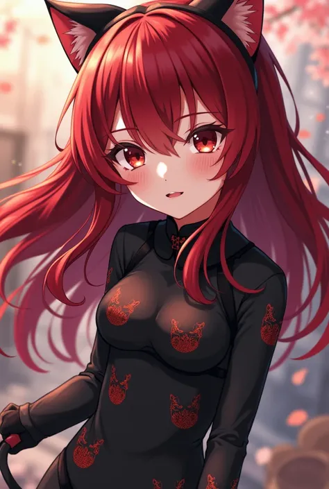 anime, girl, detailed, red eyes, very detailed, long dark red hair,  black cat jumpsuit, warm smile, very detailed, capturing akuma, detailed, black cat ears
