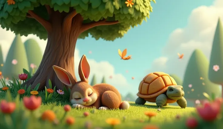 The hare was sleeping under a tree, and the tortoise keep going run (create 3d cartoon)