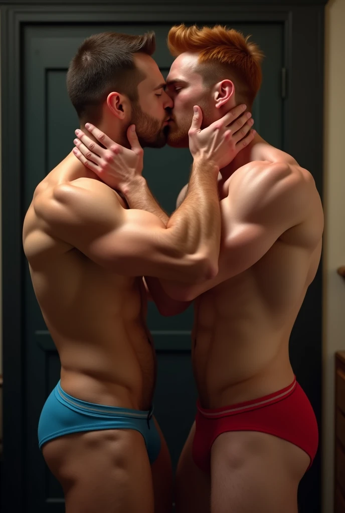 A 35 year old gay toned, hairy, muscular male wearing tight thong underwear in blue is kissing a 20 year old male in red thong underwear. Both have aurburn hair. Make photo very realistic