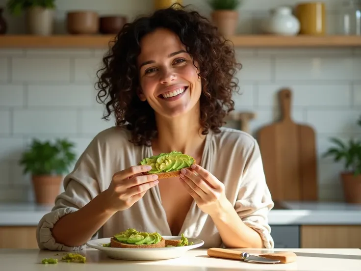 A smiling woman in her early 40s with curly dark brown hair and radiant skin, sitting at a bright kitchen counter, eating a slice of avocado toast. The scene is warm and inviting, with natural light streaming in, highlighting the vibrant greens of the avoc...