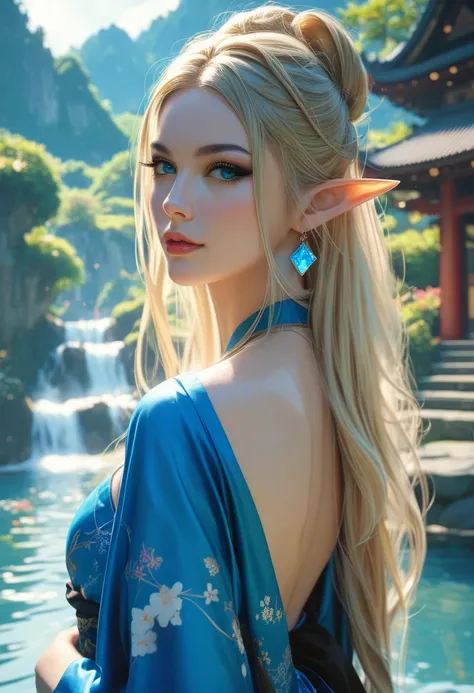 Beautiful elf princess, photoreaistic, fair skin, long blonde hair, blue eyes, black eyeliner, fit. Wearing blue japanese dress. Japanese castle background. Wearing glowing pendant. Fully body view.